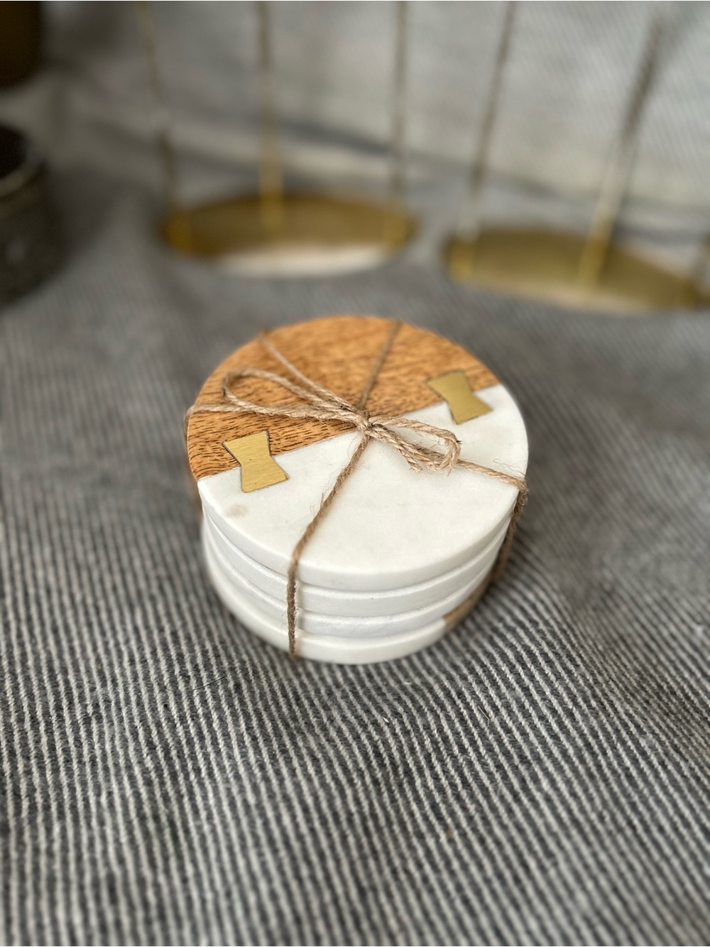 Set of 4 Marble and Wood Coaster Set w/Brass Inlay by Crate & Barrel *NEW